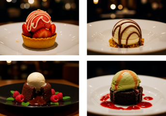 Set of exquisite desserts with ice cream, fresh berries, and sponge cake in a fine dining restaurant’s artistic presentation.