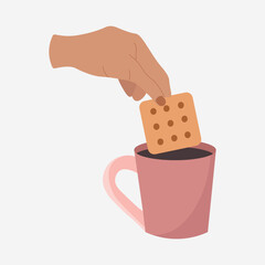 Hand holding cookie in coffee isolated on white background. Cup, hand and cookie, flat design vector illustration