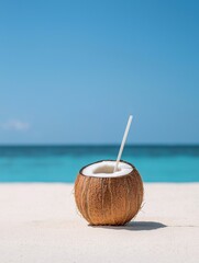Coconut on a sandy beach with a clear blue sky and turquoise water in the background. the coconut is in the center of the image, with a white straw sticking out of it.