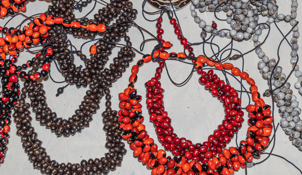 Botanical jewelry such as necklaces and bracelets made by Quechua women from the Ecuadorian Amazon region, Pastaza province, from the seeds of various plants such as Jequirity Gunja and others