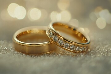 Gold rings on snow surface, festive wedding jewelry.