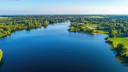Obraz premium A picturesque scene of a clear lake, nestled in a natural landscape, bathed in bright sunlight.