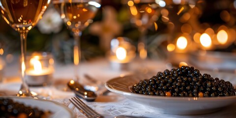 Fine dining caviar tasting experience captured cinematic style with a luxurious restaurant ambiance candlelit tables and elegant silverware