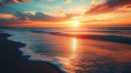 A serene beach scene with a vibrant sunset reflecting on the wet sand and sea.
