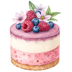 Raspberry and blueberry portioned mini cheesecake decorated flowers. Watercolor isolated food illustration.