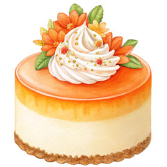 Pumpkin portioned mini cheesecake decorated whipped cream and flowers. Watercolor isolated food illustration. Thanksgiving treat.