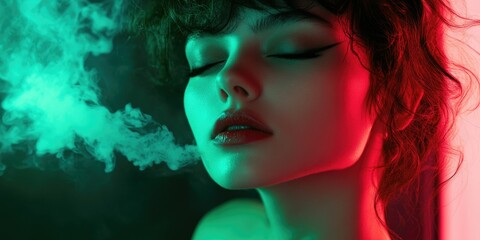 Fototapeta premium Stylish young adult woman with closed eyes, evoking mystery and introspection. She is in a smoky environment.
