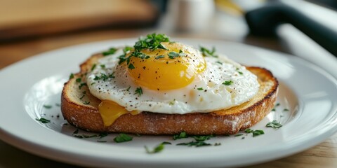 Gourmet breakfast on the table. Homemade egg dish with herbs.