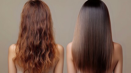 Before and after hair treatment comparison showing wavy frizzy brown hair transformed into smooth straight glossy brunette result on neutral background.