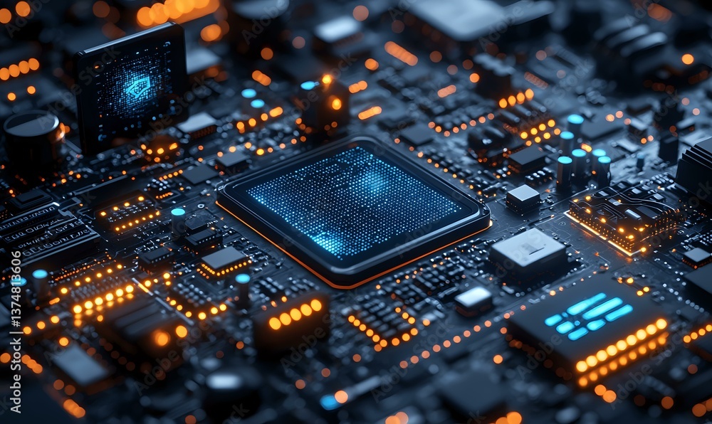 Poster glowing microchip on circuit board with orange led lights and blue processor core, macro photography