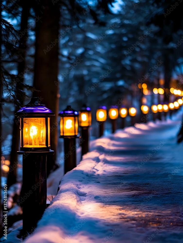 Poster illuminated lanterns line snowy winter path through forest at dusk, creating magical atmosphere with