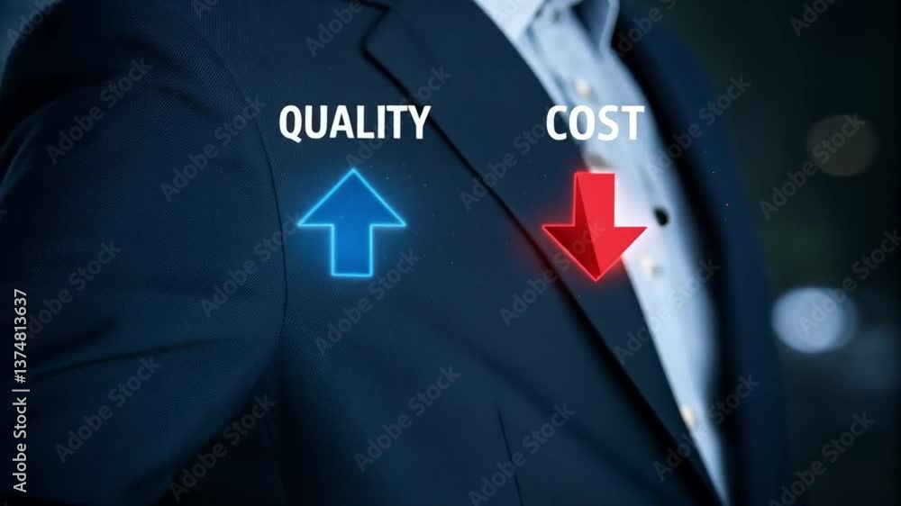 Poster A person in a suit pointing to quality up arrow and cost down arrow on a dark blue background