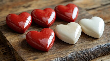 Red and white hearts arranged on a wooden board, ideal for Valentineâ€™s Day.