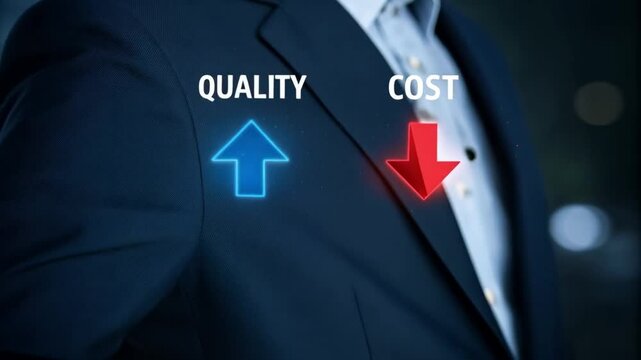 A person in a suit pointing to quality up arrow and cost down arrow on a dark blue background