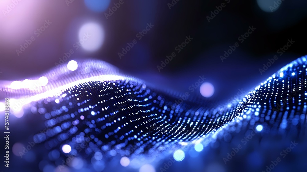 Poster glowing digital wave pattern with blue and purple particles flowing in abstract motion against dark 