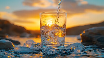 Refreshing water pours into a glass filled with ice, set against a breathtaking desert sunset. 