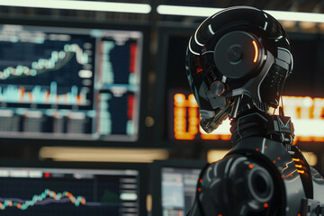 A sleek robot analyzes stock market data on multiple monitors, representing the increasing use of artificial intelligence in financial analysis and trading, creating a tech-driven environment.