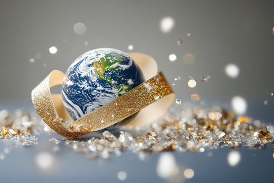 A miniature planet Earth encircled with shimmering golden ribbon