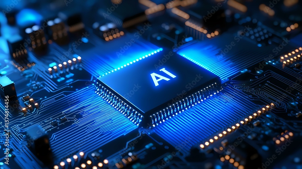 Poster glowing ai processor on blue circuit board with electronic components and pathways, representing art