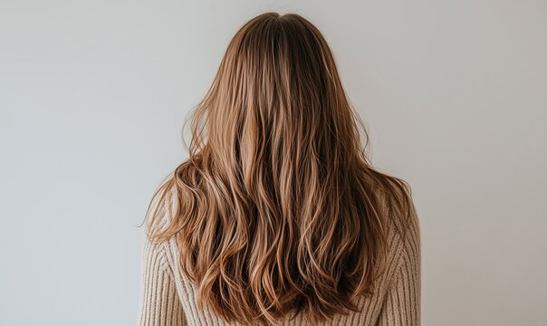 Fototapeta Back view of a woman with dry and frizzy hair before shampooing in studio shot.