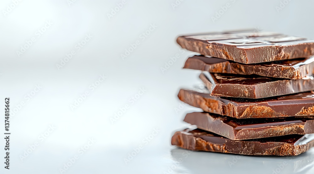 Poster stack of broken dark chocolate pieces arranged in layers against light background, creating depth an