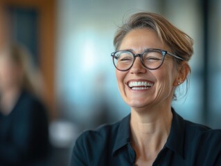Smiling happy professional woman in glasses, possibly after a successful presentation or networking event.