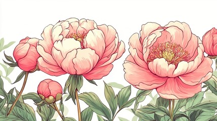 Retro-style illustration of pink peonies