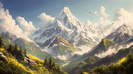 snow-capped peaks, lush valleys, and deep blue skies. The composition captures the spirit of adventure and the beauty of nature. 