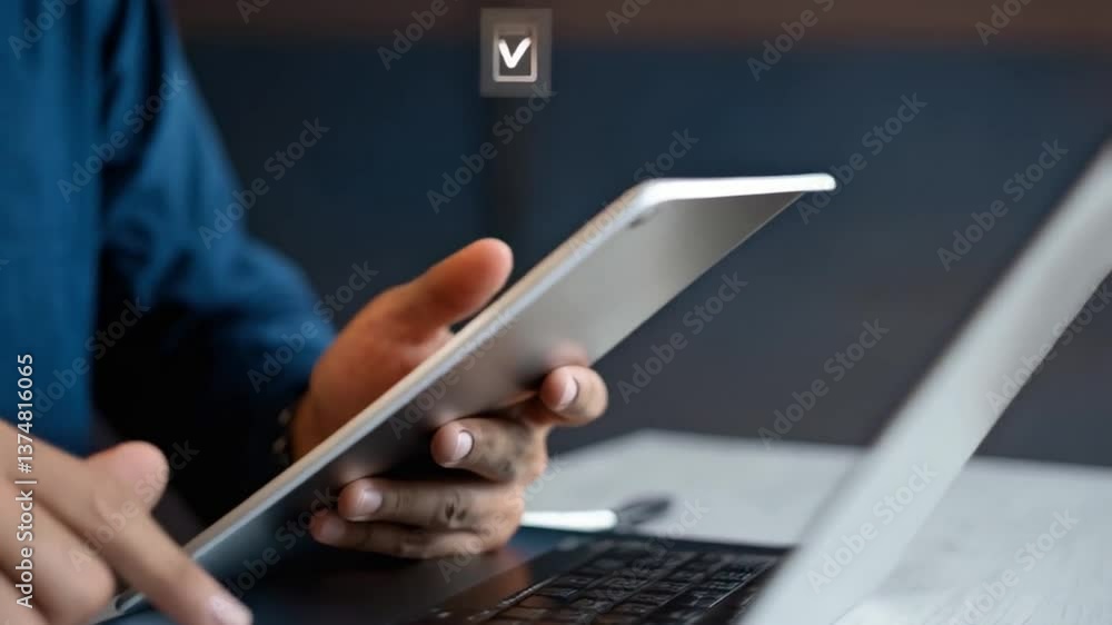 Poster A person using a laptop with digital icons and a tablet in a business setting environment view