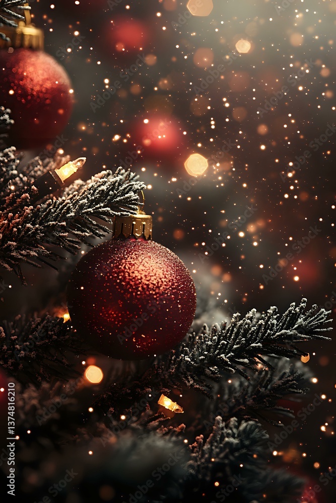 Poster red glittering ornaments on snowy pine branches with warm bokeh lights and falling snow create magic