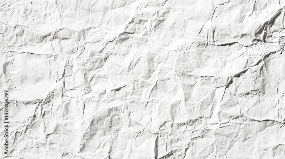 Poster crumpled white paper creating textured abstract background, highlighting intricate wrinkles and surf