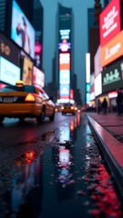 Obraz premium Times Square's digital chaos reflected in rain, with one miraculous droplet containing the entire neon universe in perfect miniature.