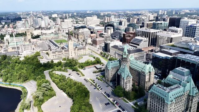 Aerial capital city view of the skyline of downtown, Parliament buildings Ottawa, Ontario Canada.