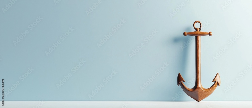 Poster 3d rendering of a wooden anchor on a light blue background. the anchor is in the center of the image