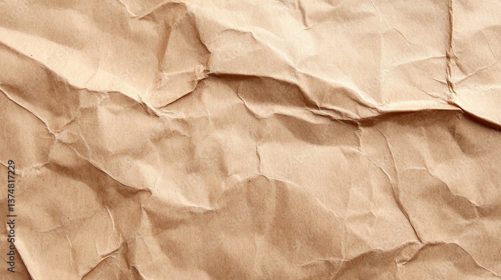 Poster crumpled brown wrapping paper presenting textured, irregular surface with abstract pattern, offering