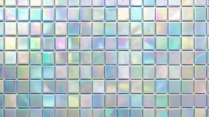 Iridescent mosaic tiles creating luminous background with pastel shimmering surface, reflecting fragmented light through vibrant ceramic pieces