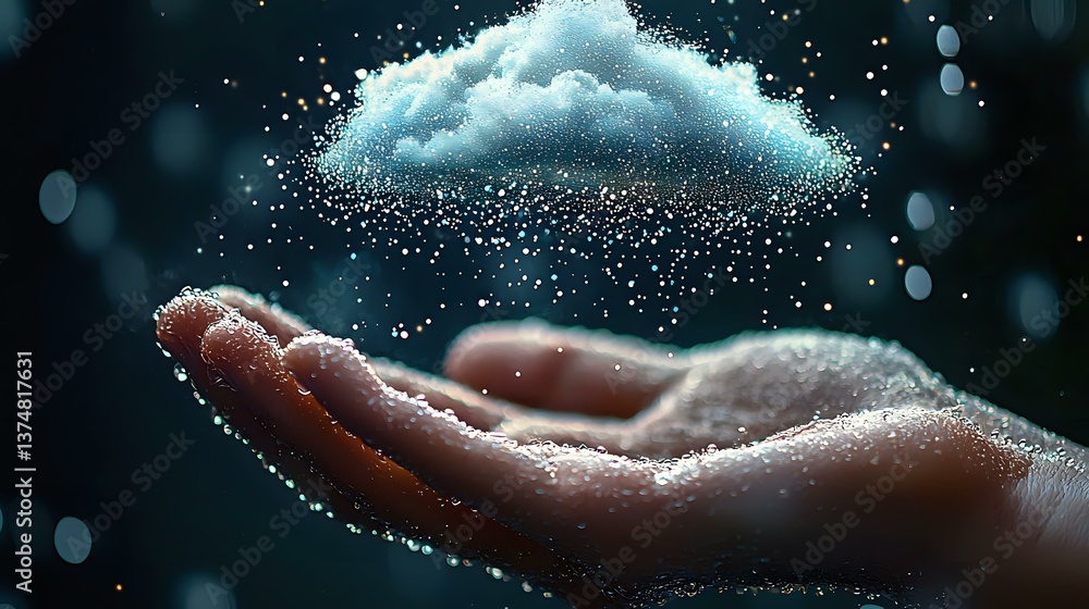 Poster magical glowing cloud floating above open palm with sparkling particles and bokeh effects against da