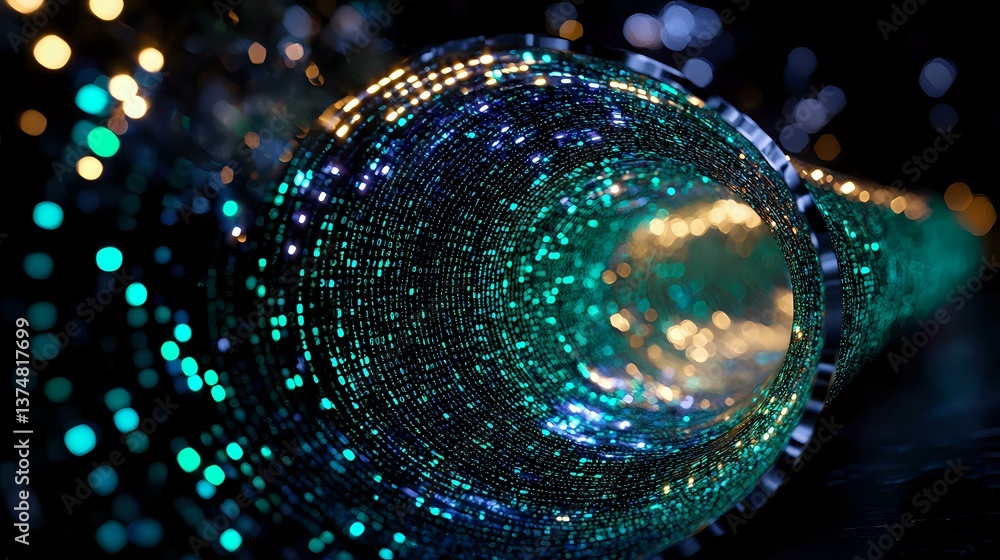 Poster digital tunnel with glowing turquoise and gold particles forming a circular pathway against dark bac