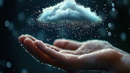 Fototapeta premium Magical glowing cloud floating above open palm with sparkling particles and bokeh effects against dark background, creating mystical atmospheric scene.
