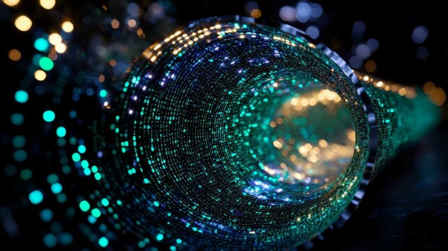 Digital tunnel with glowing turquoise and gold particles forming a circular pathway against dark background, creating futuristic technology visualization effect.