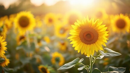 Obraz premium Sunny sunflower field at sunset. Ideal for landscape, floral, and environmental projects, perfect for nature photography and rustic decor.