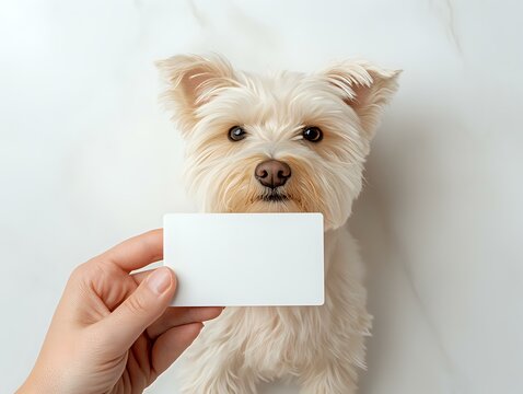 White West Highland Terrier dog holding blank business card in mouth against light background. Hand showing empty white card for veterinary, pet shop or grooming service message.