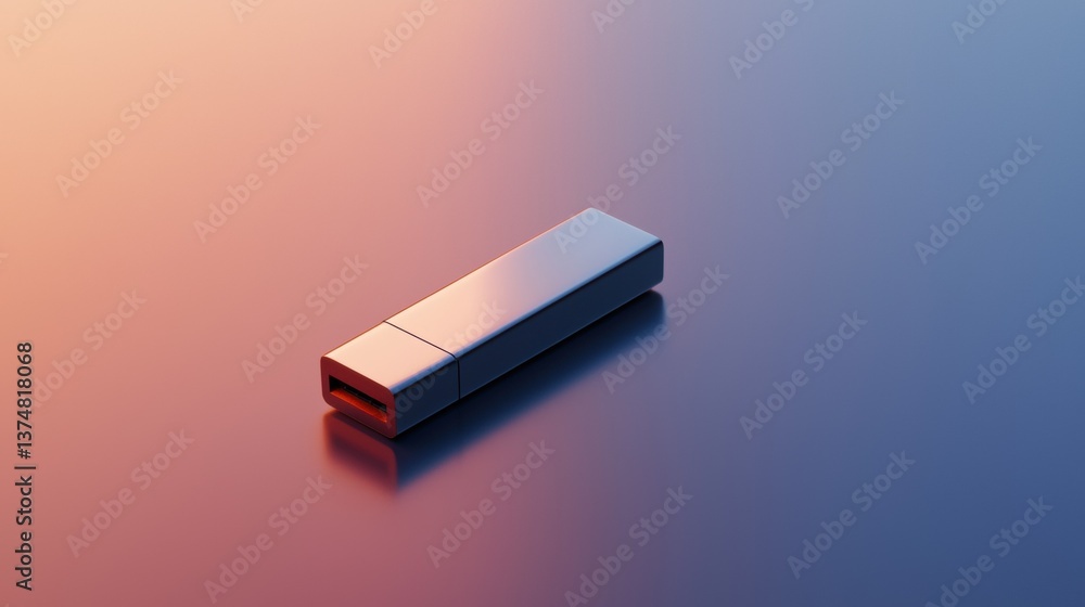 Poster 3d rendering of a rectangular usb flash drive on a gradient background. the flash drive is silver in