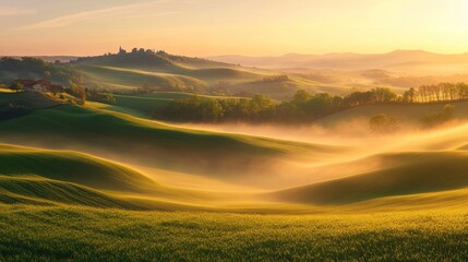 Sunrise over rolling hills, gentle mist, golden light. A picturesque landscape perfect for nature photography, rural decor, and serene retreats, showcasing lush green fields bathed in golden light.