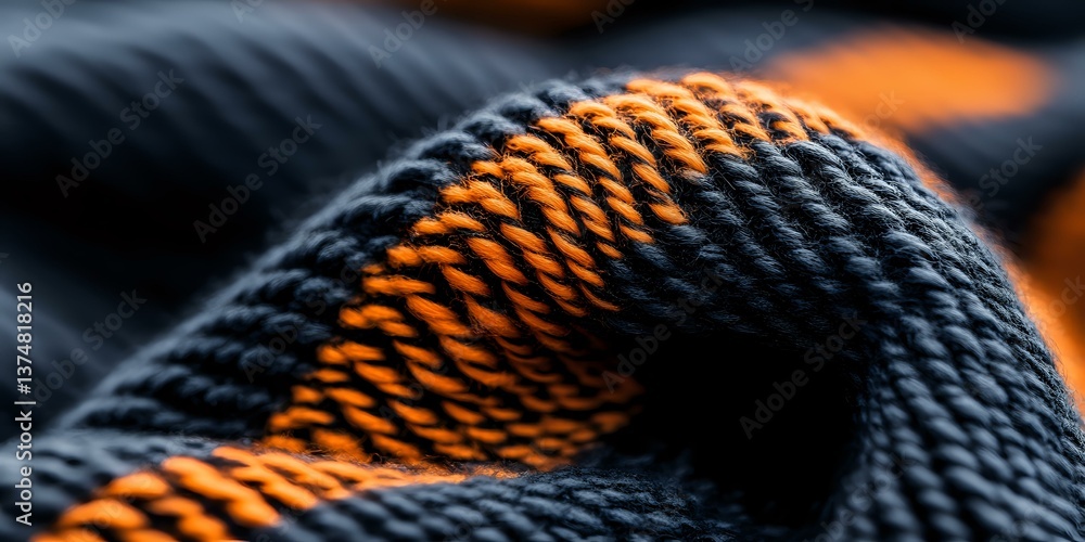 Aufkleber close-up macro shot of woven fabric texture in navy blue and orange colors showing detailed pattern 