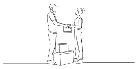 continuous line handover of goods.vector one line of male courier handing over package to female customer.single line vector illustration of online buying and selling business