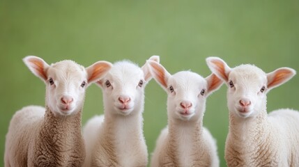 Fototapeta premium Four Adorable Baby Sheep with Fluffy Wool and Bright Expressions on a Green Background