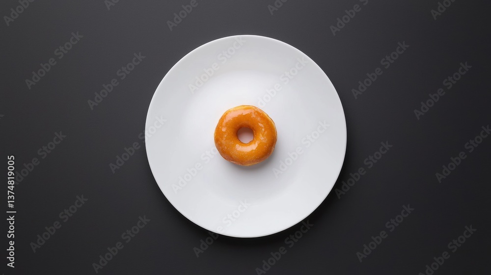 Poster top view of a single donut on a white plate. the donut is round and has a golden brown glaze on top.