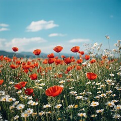 Fototapeta premium Bright spring field filled with red poppies and white daisies swaying gently under a clear blue sky