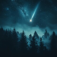 Bright starburst from a shooting star cutting across a dark sky above a quiet forest, soft moonlight illuminating the trees 
